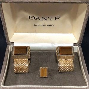 Vintage Dante Men’s Genuine Onyx Mesh Wrap-Around Cufflink/Tie Pin Set